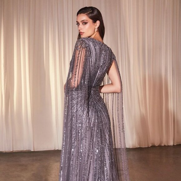 NEW FORMAL MAXI SHEATH TULLE DRESS W/ V-NECKLINE & SEQUINS EMBROIDERY CD0239 - Picture 5 of 10